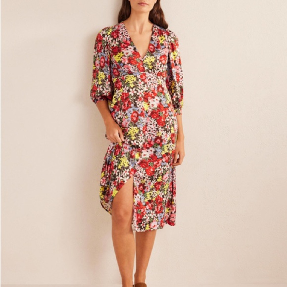 Boden Red and Pink Asymmetrical Wrap Midi Dress